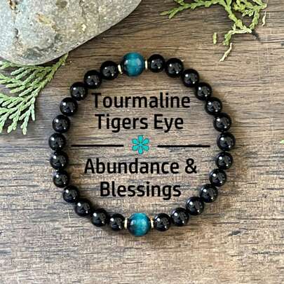 YAUKIA 1 st 6 mm svart turmalin och blå tigraröga, överflöd och välsignelser, armband i stretchkristall