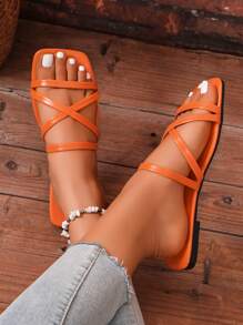 Women's Summer Orange Color Tied Square Toe Sandals - Vintage Minimalist Thin Strap Roman Style - Suitable For Beach Vacation - Non-Slip Women's Flat Sandals - Orange - View 4