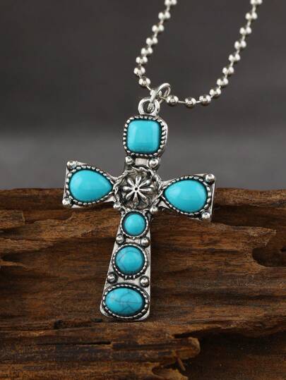 1入 vintage 古色古香的綠松石十字墜子項鍊，適合男士使用