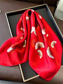 1pc Women's Spring/Autumn Chinese Style Red Leaf 100% Mulberry Silk Scarf, Small Square Silk Scarf, Commute Neckerchief - Burgundy - View 5