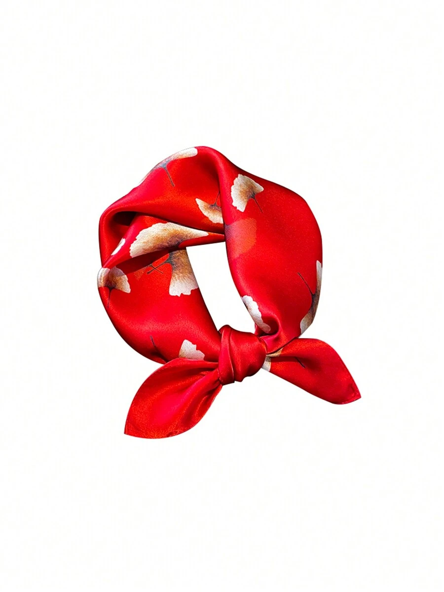 1pc Women's Spring/Autumn Chinese Style Red Leaf 100% Mulberry Silk Scarf, Small Square Silk Scarf, Commute Neckerchief - Burgundy - View 1