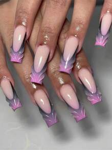 Actualice su estilo: 24 piezas de uñas postizas largas con diseño francés degradado, diseño 3D de escamas de sirena Y2K con pegamento de uñas gelatinoso, 1 lima de uñas y 1 juego de uñas postizas, suministros de uñas - Multicolor - Ver 1
