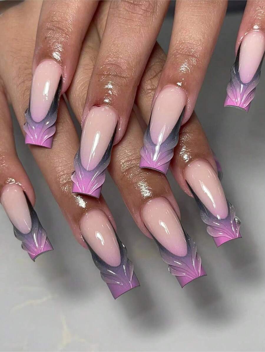 Actualice su estilo: 24 piezas de uñas postizas largas con diseño francés degradado, diseño 3D de escamas de sirena Y2K con pegamento de uñas gelatinoso, 1 lima de uñas y 1 juego de uñas postizas, suministros de uñas - Multicolor - Ver 1