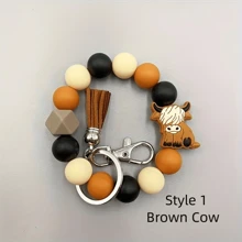 1pc/6pcs Cartoon Animals Brown Cow Bull Head Silicone Bead Bracelet Keychain Charm For Ladies Western Retro Fringe Wristlet Key Ring Accessories Gifts - Multicolor - View 3