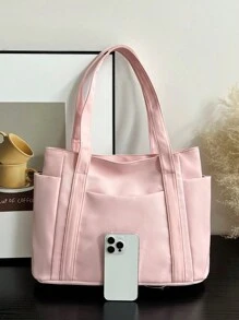 Fashionable Solid Color Minimalist Casual Large Capacity Tote Bag, Women's Shoulder Bag, Accessories Not Included - Pink - View 5