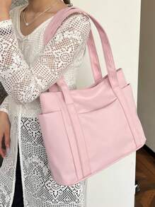 Fashionable Solid Color Minimalist Casual Large Capacity Tote Bag, Women's Shoulder Bag, Accessories Not Included - Pink - View 6