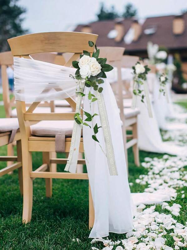 6/3/1-Piece Wedding Decoration Set And 1PC Rearview Mirror Flower, Tulle Aisle Chair Sashes For Wedding Party Event Banquet, Silk Rose Chair Back Flowers With Ribbons Chairs Back Flowers Arrangement For Wedding Ceremony Reception Decor