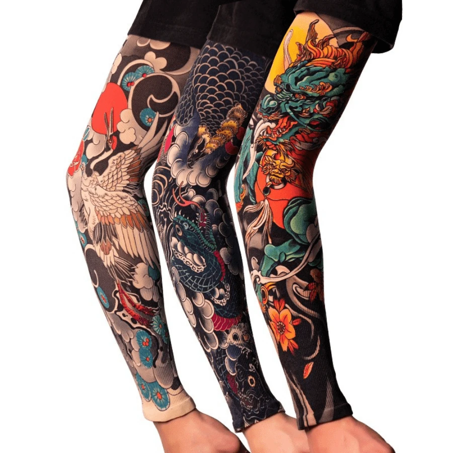 適用於夏季戶外旅行，騎行，運動和海灘活動的防曬紋身風格手臂保護袖套，具有貼身設計/涼爽感覺/透氣不悶熱，防UV