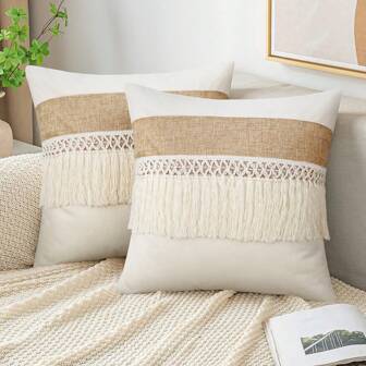 1pc Bohemian Tassel Pillowcase, Patchwork Canvas Sofa Cushion Cover (Pillow Core Not Included)