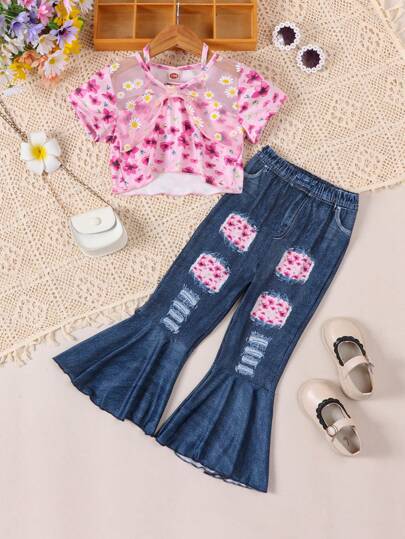 Young Girl's Summer Fashion Ditsy Floral Print Mesh Short Sleeve Top And Denim Effect Flared Pants Set