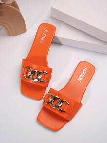 1 Pair Women's New Square Toe Summer Sandals - With Fashionable Metal Buckle Decor - Suitable For Party & Beach Wear - Elegant Flat Women's Slip On Sandals