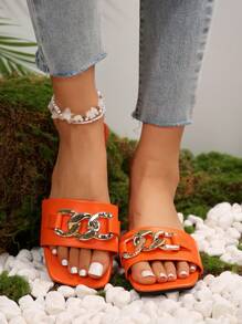 1 Pair Women's New Square Toe Summer Sandals - With Fashionable Metal Buckle Decor - Suitable For Party & Beach Wear - Elegant Flat Women's Slip On Sandals