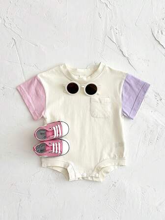 Infant Baby Girls' Casual Color Block Short Sleeve Bodysuit With Snap Buttons, Summer