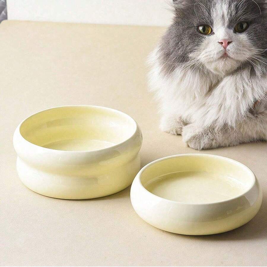 1入米色圓形陶瓷寵物碗，貓狗食餐碗，飲水碗，雙層防護頸碗，寵物用品