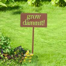 1入組「夯土成長」有趣花園告示牌，金屬支柱裝飾，滑稽戶外裝飾增添植物愛好者情趣，園藝禮品（花園金屬告示牌體積不大，請在購買前查看尺寸） - 棕色 - 查看 1