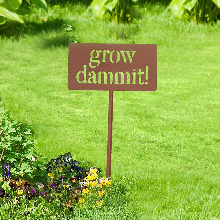 1入組「夯土成長」有趣花園告示牌，金屬支柱裝飾，滑稽戶外裝飾增添植物愛好者情趣，園藝禮品（花園金屬告示牌體積不大，請在購買前查看尺寸） - 棕色 - 查看 1