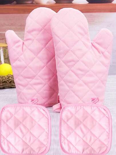 2pcs/4pcs Pink Solid Polyester Fabric Print Oven Mitts & Pot Holders Set, Microwave Glove & Table Protector, Left & Right Hand Baking Gloves, Home Kitchen Boiler Heat Resistant