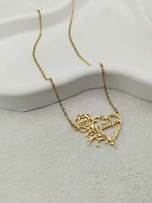 1pc Personalized Fashionable And Minimalist Stainless Steel Name Necklace With Rose & Heart Shaped Design, Suitable For Gift Giving, For Daily Wear By Men, Women, And Couples - Gold Valentines