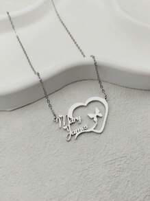 1 pieza Collar personalizado con diseño de corazón y mariposa con nombre para mujeres, plata - regalo ideal para festivales y San Valentín