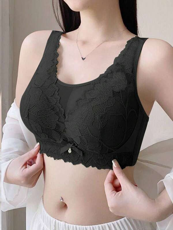 Simple Solid Floral Lace Bow Bra, Comfy & Breathable Full Coverage Wireless Bra, Women's Lingerie & Underwear