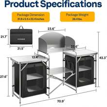 VIVOHOME Folding Camping Kitchen Table With Storage Organizer, 2 Side Tables, Stainless Steel Windscreen, Outdoor Portable Cook Station For BBQ, Picnics