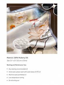 1条女士春季百搭中国风山水莲花图案真丝方巾，桑蚕丝小方巾，通勤围巾 - 紫色 - 查看 2