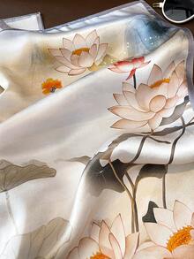 1条女士春季百搭中国风山水莲花图案真丝方巾，桑蚕丝小方巾，通勤围巾 - 紫色 - 查看 4