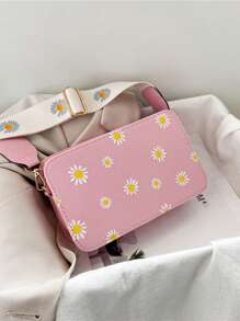1pc Women's Embroidered Small Square Bag With Fashionable Wide Strap, For Crossbody Or Shoulder Use