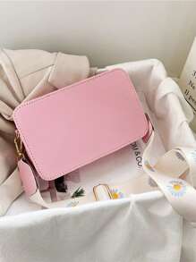 1pc Women's Embroidered Small Square Bag With Fashionable Wide Strap, For Crossbody Or Shoulder Use