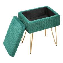 LIVINGANDHOME Living And Home Rectangle Upholstered Storage Beige /Green Ottoman  Padded Vanity Stool Storage Seat Box Makeup Vanity Chair