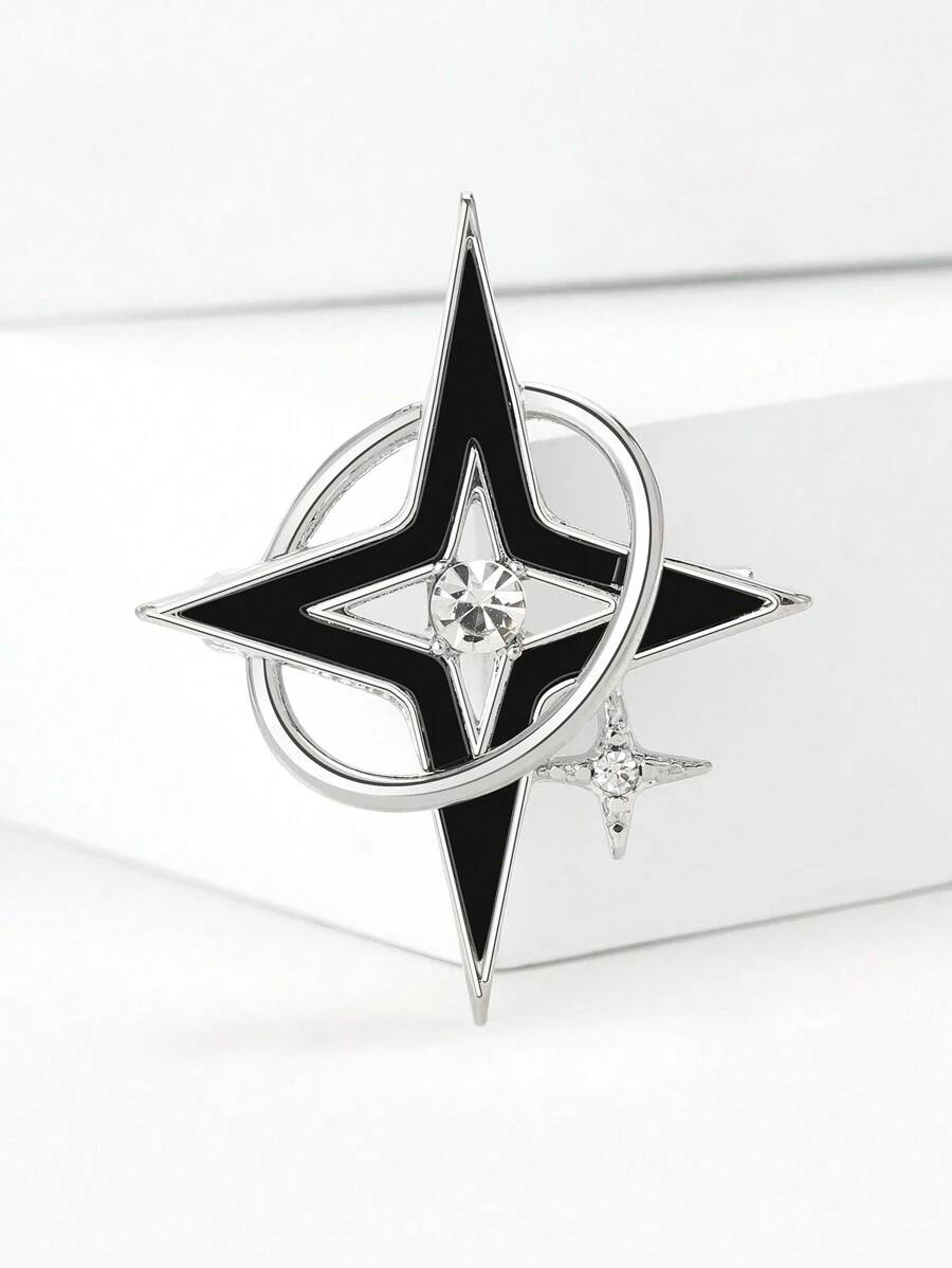 1pc Fashionable Four-pointed Star Brooch With Rhinestone Accent, Unisex Design, 2 Colors Available, Great Gift For Accessories Lovers - Silver - View 1