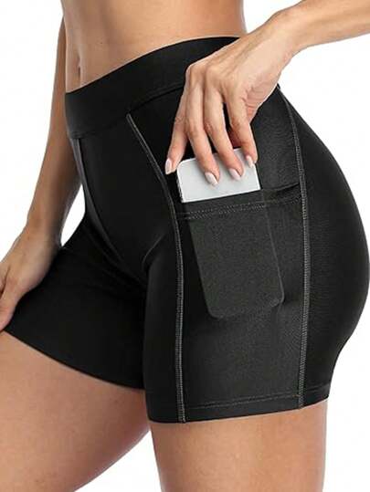 Women's Solid Color Flat Angle Swim Trunks With Side Pockets For Summer Beach