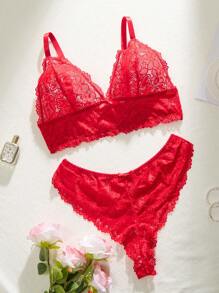 2 件套加大码女士优雅性感蕾丝文胸和内裤套装，红色蝴蝶结装饰，中等弹力，透气，可调节肩带，无衬垫，多功能内衣套装 - 紅色 - 查看 11