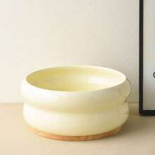 1入米色圓形陶瓷寵物碗，貓狗食餐碗，飲水碗，雙層防護頸碗，寵物用品