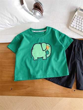 Jonge jongens zomer nieuwe kinderen groene olifant print letter korte mouw t-shirt