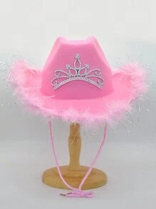 1pc Women's Western Crown Cowboy Hat, Feather Decor, Sequin Trim, Pink Western Cowboy Hat, Stage Hat