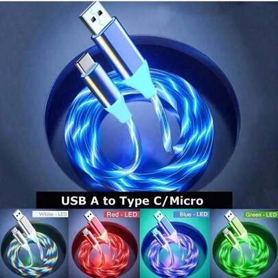 1 Pc Flowing Glowing Light Cable Fast Charging Cables For Cell Phone For Android Phone Type C Xiao Mi Charger Cord Compatible With Ipad (Length:1m/39.37inch)