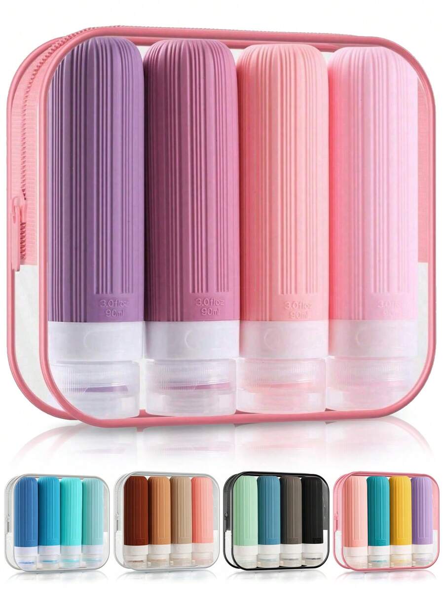 4入組盥洗用旅行瓶，防漏旅行瓶，矽膠可擠壓容器，附盥洗用袋，防漏可裝液體隨身旅行配件，適用於化妝品洗髮水或乳液，客廳，款式顏色和部分配件隨機發送 - 彩色 - 查看 1