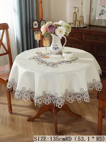 ABEST6522 Home&Living store 100% Polyester Round Tablecloth With Hollow Floral Lace Edge, Elegant Jacquard Fabric Circular Table Cover, Dustproof Decor Table Cloth For Dining Table Wedding Party Farmhouse Home Decor - Multicolor - View 7