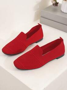 Women's Knitted Flat Loafers, Comfortable Square Toe Dolly Shoes, Breathable Mother Shoes For Spring/Autumn