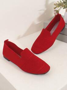 Women's Knitted Flat Loafers, Comfortable Square Toe Dolly Shoes, Breathable Mother Shoes For Spring/Autumn