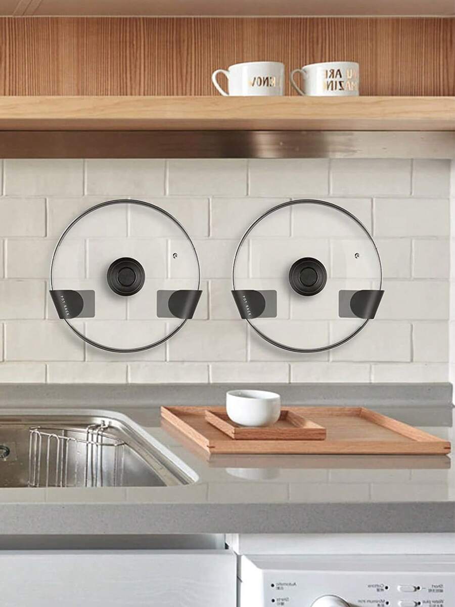 1set(2pcs) - Wall Mounted Pot Cover Bracket, Adjustable No-Drill Pot Cover Bracket, Adhesive Cutting Board Storage Rack, Household Multifunctional Storage Rack, Kitchen Accessories Save Space - Black - View 1