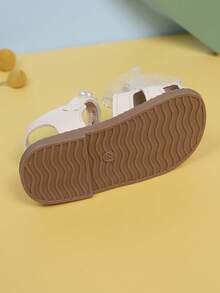 1對嬰兒女孩蝴蝶織花珍珠裝飾PU皮革魔鬼氈瑪莉珍涼鞋，休閒時尚中空夏季新款軟底鞋 - 米色 - 查看 6