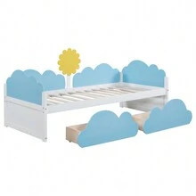 Mini-Bed With 2 Storage Drawers, Single Bed Cloud Shape Daybed With 2 Drawers, 90*190cm, Mattress Not Included - Blue and White - View 6