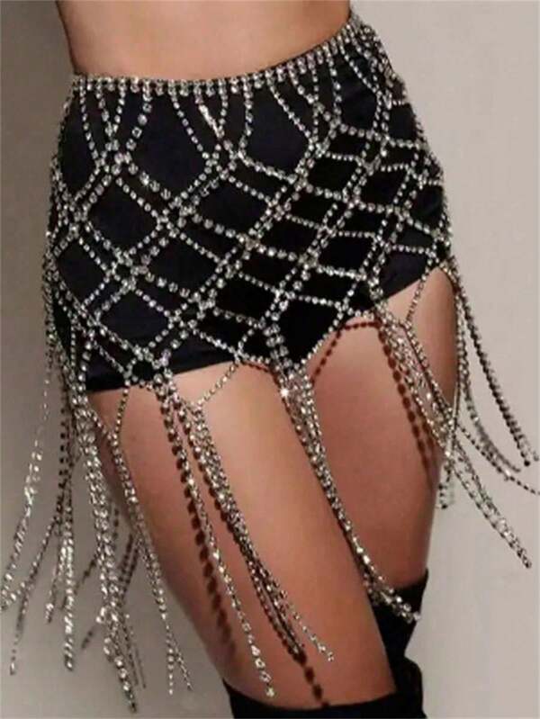 1pc Glitter Tassel Crystal Bikini Body Chain Jewelry Accessory, Sexy Beach Party Chains