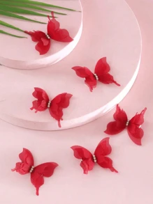 6pcs Lace & Rhinestone Butterfly Hair Clips, Suitable For Daily Use Claw Clips Hair Claws Hair Barrettes, School Stuff, Looks Of Party, Hair Accessories, Head Accessories - Red - View 2