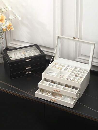 CASEGRACE 1 件透明盖珠宝收纳盒，3 层珠宝收纳盒，大型多功能珠宝盒，带 3 个抽屉，珠宝展示盒，戒指耳环项链手链，返校