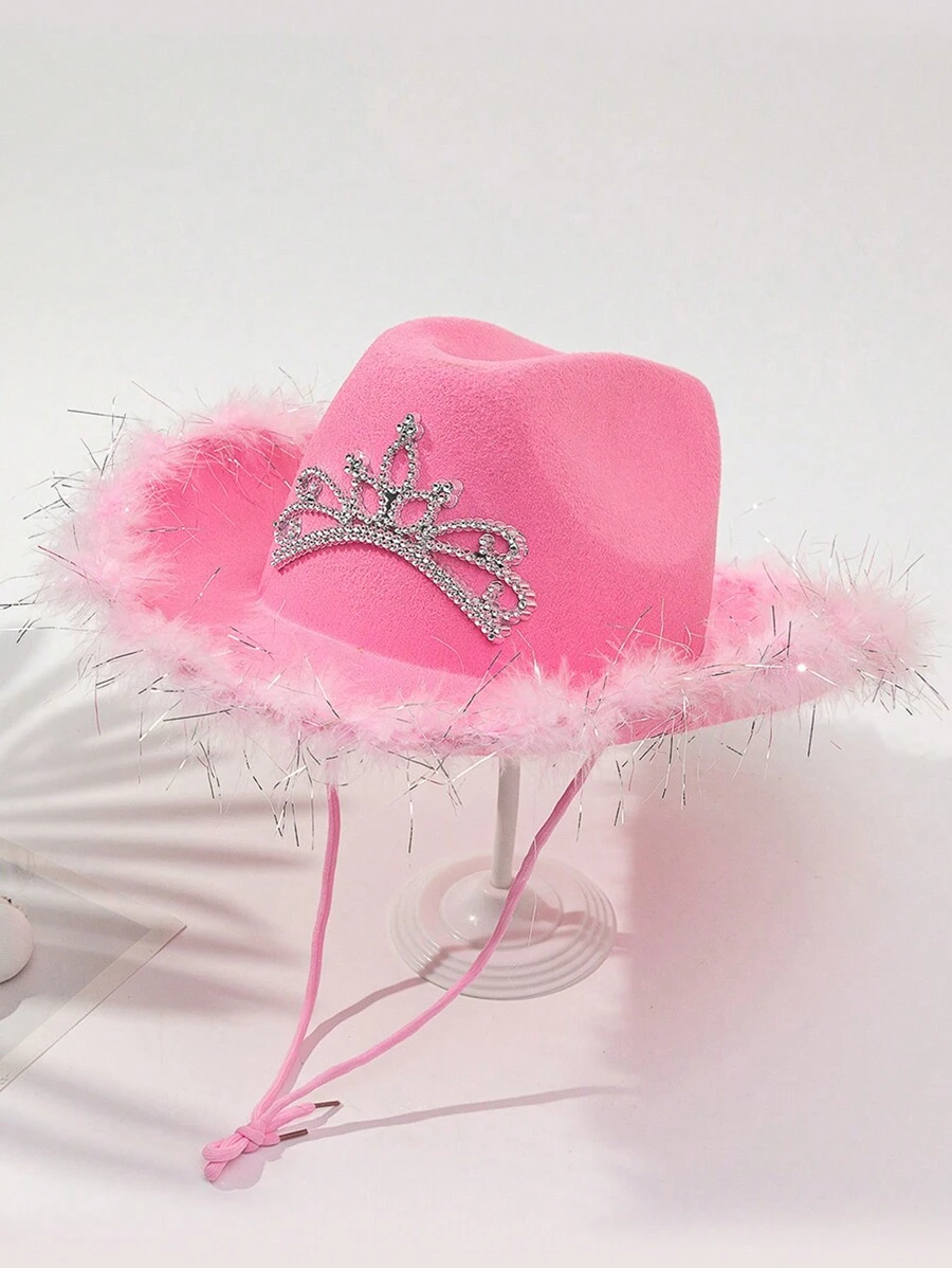 1pc Women's Western Crown Cowboy Hat, Feather Decor, Sequin Trim, Pink Western Cowboy Hat, Stage Hat