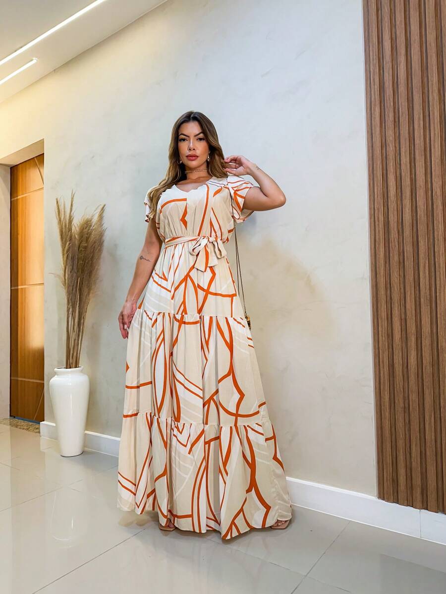 VESTIDO LONGO ESTAMPADO FEMININO MANGA CURTA DE BABADO DECOTE V COM CINTO - Laranja - Visão 1