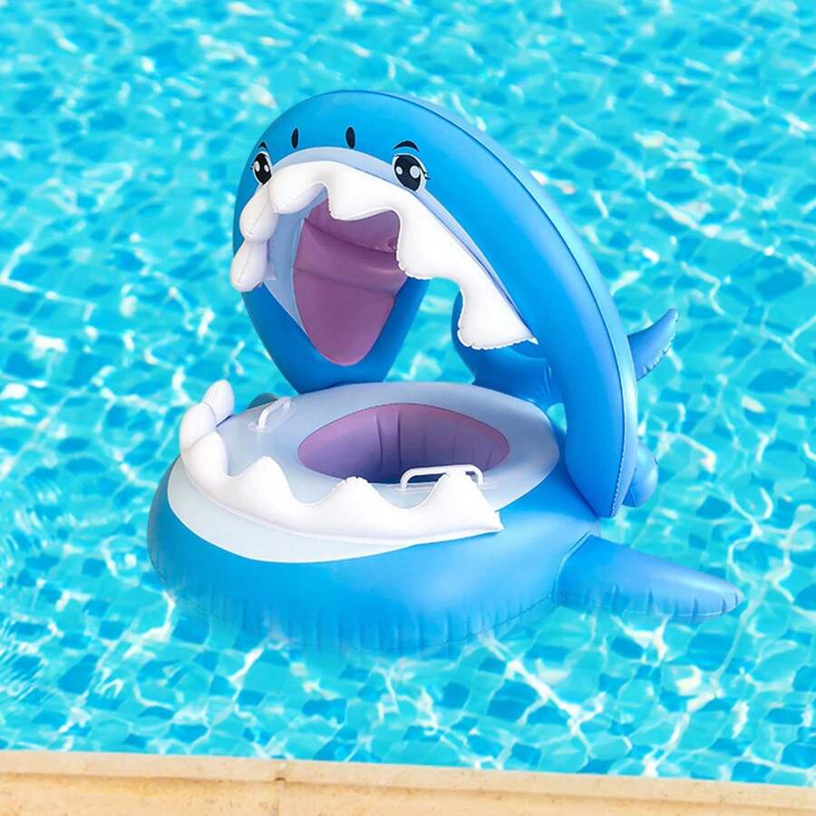 1入組兒童防曬鯊魚坐騎游泳圈充氣玩具，帶防護罩和安全座椅，適合1-5歲兒童 - 藍色 - 查看 1